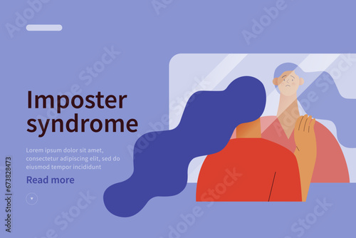 Imposter syndrome concept website. Mental psychological disorder. Doubt, low self-esteem. Female doubtful in skills, talents looking in mirror. Modern vector illustration
