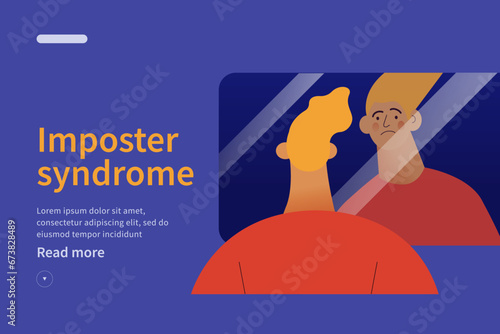 Imposter syndrome concept website. Mental psychological disorder. Doubt, low self-esteem. Male doubtful in skills, talents looking in mirror. Modern vector illustration