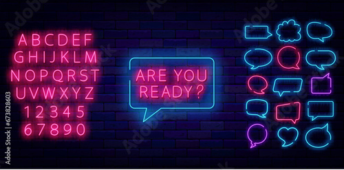 Are you ready neon signboard. Shiny pink alphabet. Upcoming events. Game design. Vector stock illustration