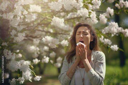 A female sneeze with a napkin in a booming cherry blossom woods in Spring due to pollen allergy. Spring seasonal concept. photo