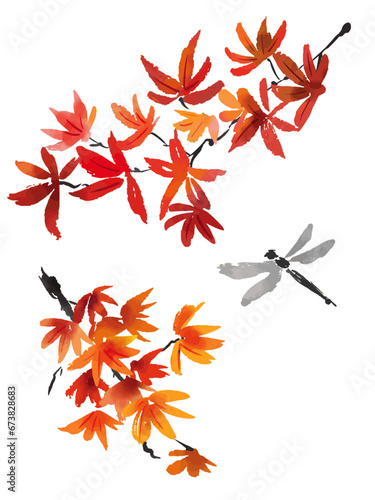 水墨画風の紅葉とトンボのイラスト