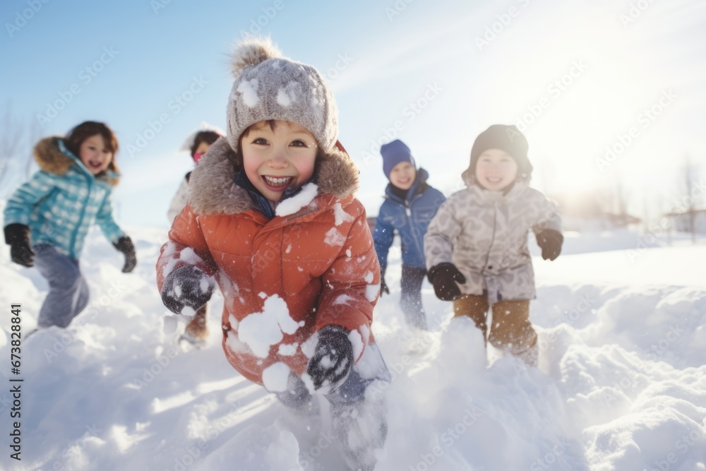 A group of kids playing in snow in Winter. Winter sports concept.