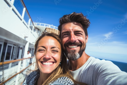 A young couple taking selfie during their trip on a cruise ship with happy face. Vacation travel concept.