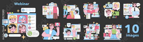 Webinar set. Engaging online education scenes with diverse participants. Screen sharing presentation, interactive Q and A, learning materials, brainstorming ideas. Flat vector illustration