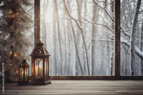Window with beautiful winter scene. Winter seasonal concept.