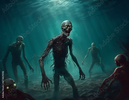 A crowd of zombies underwater in the sea