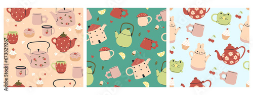 Set of seamless patterns with cute teapots and cups. Vector graphics.
