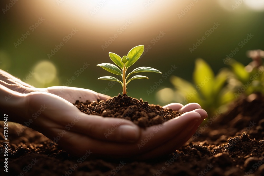 Nahaufnahme einer Hand, die eine Handvoll Erde hält, mit einer winzigen Pflanze, die aufwächst, und die das Wachstum und das Potenzial von Biomasse-Energiequellen repräsentiert. - obrazy, fototapety, plakaty 