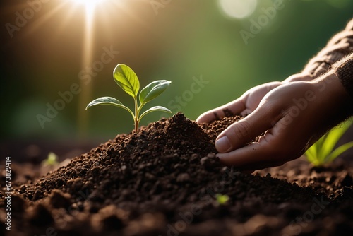 Nahaufnahme einer Hand, die eine Handvoll Erde hält, mit einer winzigen Pflanze, die aufwächst, und die das Wachstum und das Potenzial von Biomasse-Energiequellen repräsentiert. photo