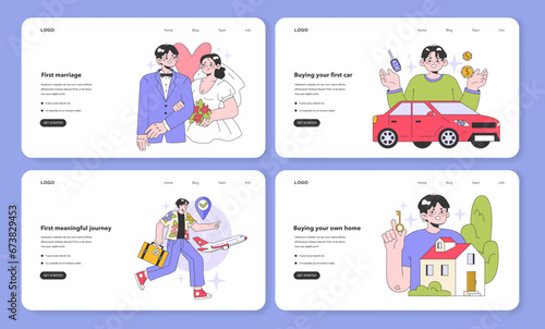 Youth and adulthood years web banner or landing page set. Life milestones. Young male character getting old and gain new experience. Flat vector illustration