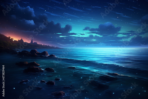 The sky and the sea at night Among the stars that shine brightly to be seen at night.