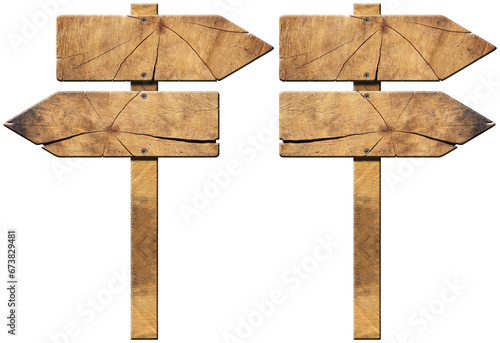 Collection of two empty wooden directional signs (arrows) with pole and copy space, isolated on white or transparent background. Png.