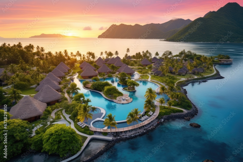 Aerial view of luxury hotel and resort at sea beach in tropical sea at sunset with beautiful colors. - obrazy, fototapety, plakaty 