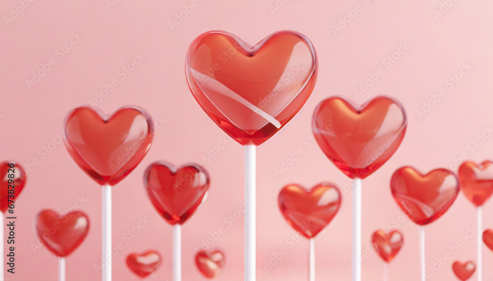 red heart shaped lollipops on a pink background