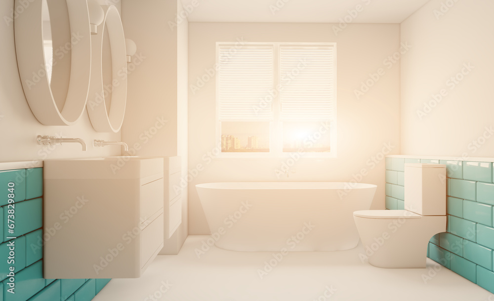 Fototapeta premium Scandinavian bathroom, classic vintage interior design. 3D rendering.. Sunset.