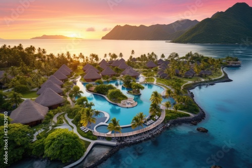 Fotótapéta Aerial view of luxury hotel and resort at sea beach in tropical sea at sunset with beautiful colors