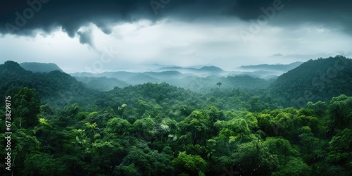 An aerial view of rainforest and volcano mountains. Outdoor travel concept.