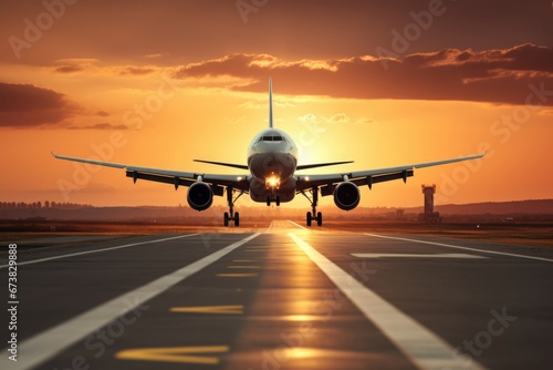 An airplane jet on runway at sunset. Outdoor travel concept.