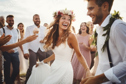Fototapeta Naklejka Na Ścianę i Meble -  Happy people dancing at a beach party. Summer tropical vacation concept.