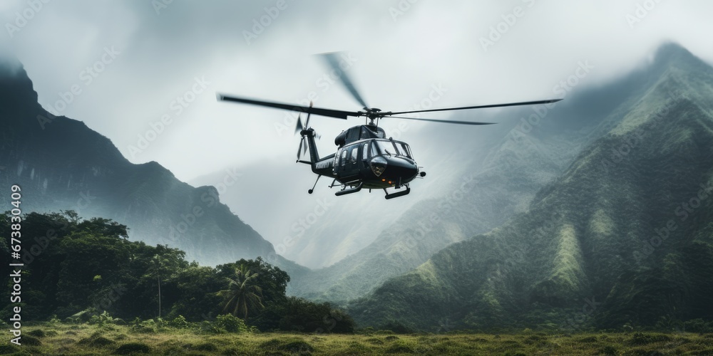 Fototapeta premium A helicopter fly in air with high mountain fog and rainforest. Outdoor travel concept.