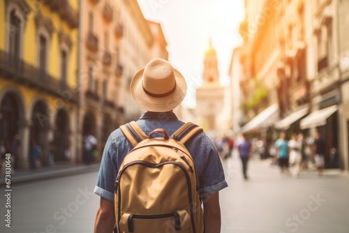 Back view of a traveler in historical city street. Vacation travel concept.