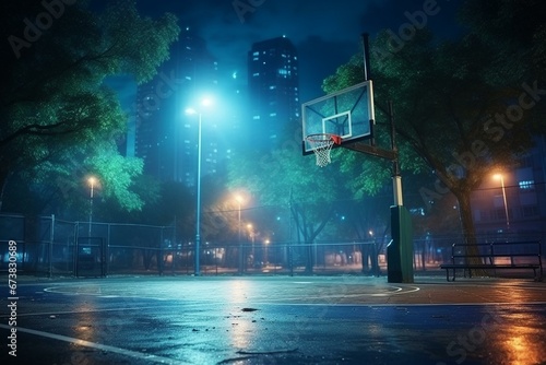 Beautiful basketball court in nighttime cityscape with outdoor sports playground and hoop on shield. Generative AI