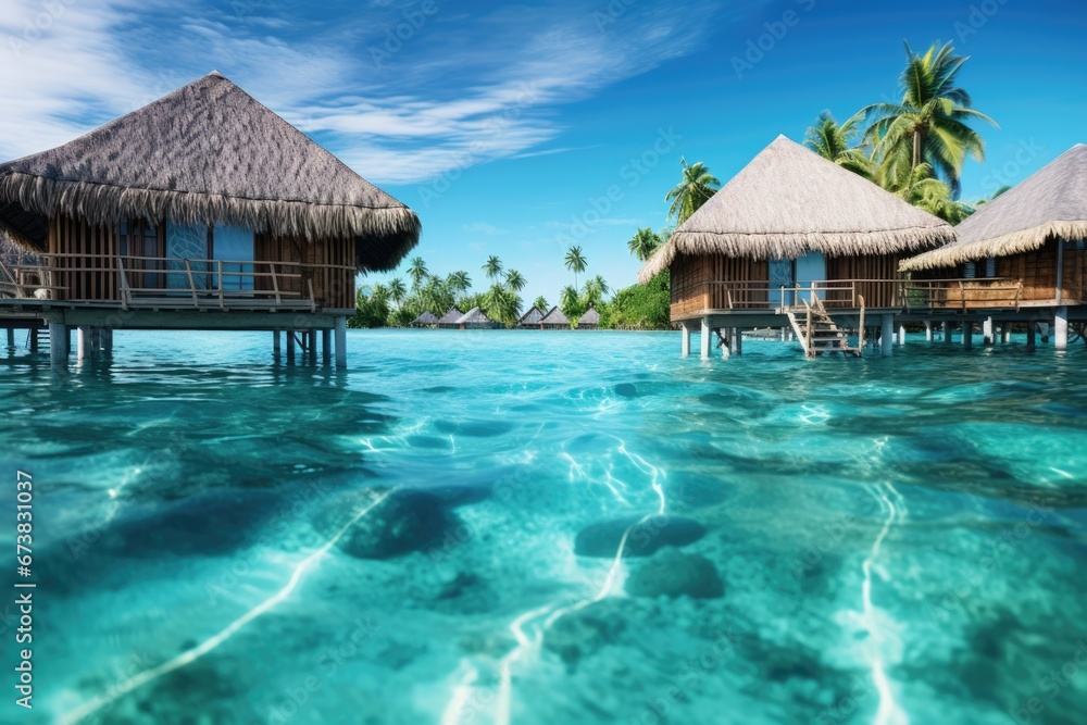 Beautiful seascape with clear water palm tree coral reef and luxury vacation resort. Summer vacation concept.