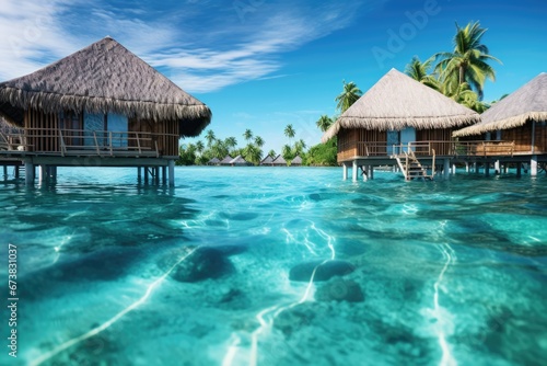 Beautiful seascape with clear water palm tree coral reef and luxury vacation resort. Summer vacation concept.