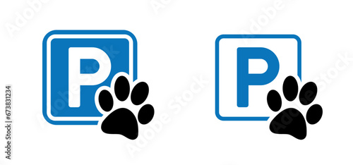 Cartoon p,  parking for dogs. Dog parking zone. Beware of dog. Blue traffic sign for dogs. Pet parking. Dog spot, for waiting while owner go somewhere pets allowed or not.