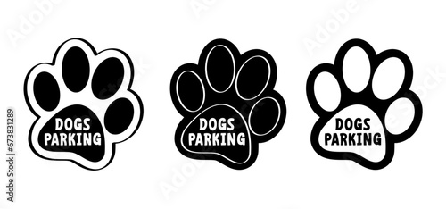 Cartoon parking for dogs. Dog parking zone. Beware of dog. Blue traffic sign for dogs. Pet parking. Dog spot, for waiting while owner go somewhere pets allowed or not. Footprint, dog paw or dogs leg.