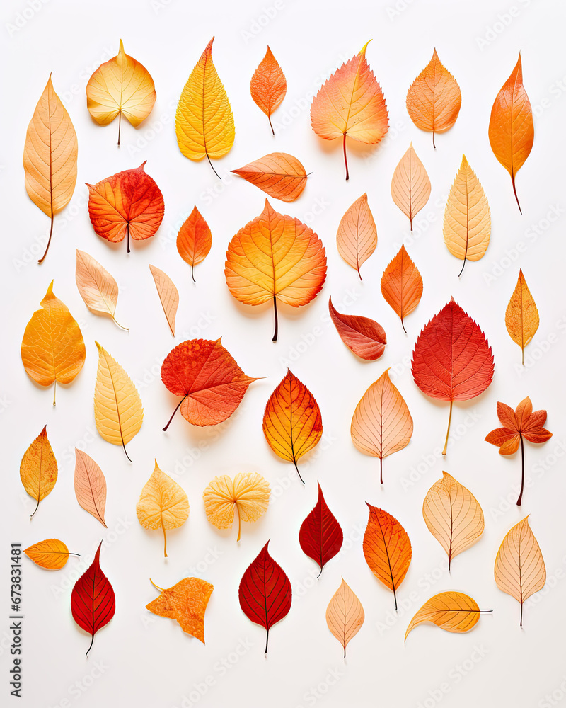 Obraz premium Different patterns of colorful leaves on a white background
