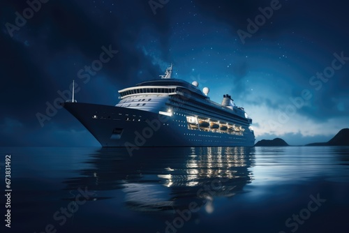 Luxury cruise ship in sea at dusk. Vacation travel concept.