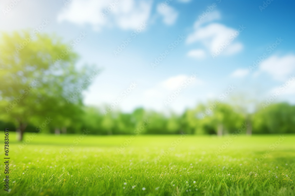 Spring natural field meadow photographed with blur. The buds of plants and the branches and leaves of trees are growing smoothly. Wide copy space suitable for product backgrounds and web advertisement