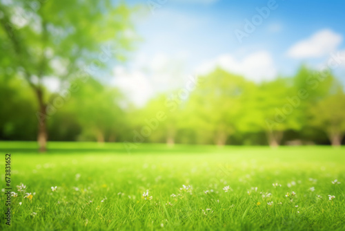 Spring natural field meadow photographed with blur. The buds of plants and the branches and leaves of trees are growing smoothly. Wide copy space suitable for product backgrounds and web advertisement