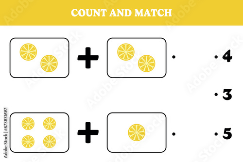 Count and match. Educational mathematical game for kids. Printable worksheet design for preschool or kindergarten children. Learning mathematic.