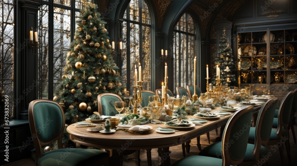 Christmas dinner table with tree and decoration