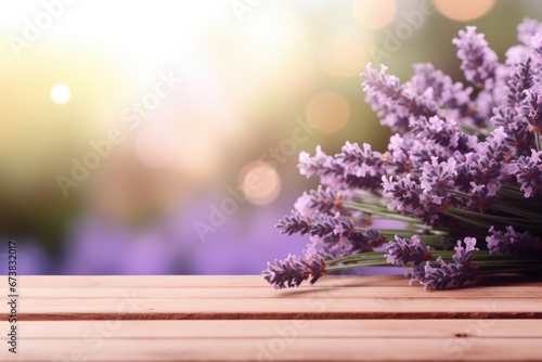 Close-up view of purple lavender on wood table in Spring. Spring seasonal concept.