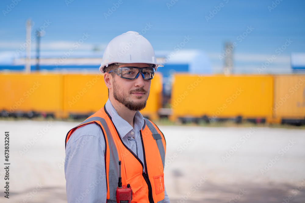 Engineer under discussion inspection and checking construction process railway switch and checking work on railroad station .Engineer wearing safety uniform and safety helmet in work. Engineer under discussion inspection and checking construction process railway switch and checking work on railroad station .Engineer wearing safety uniform and safety helmet in work.