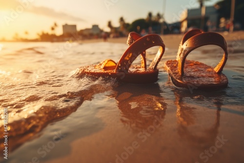 Close-up view of a pair of sandals with sunset sea water at sand beach. Summer tropical vacation concept.