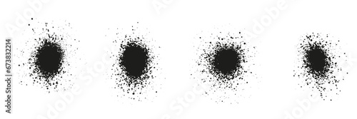 Spray, Spatter and Grunge Effect. Circle Dots, Grain Texture. Black Round Brush Splatter. Abstract Graphic Design Element. Distress Noise, Ink Splash. Isolated Vector Illustration