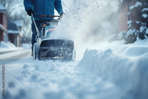 Close-up view of a man clean his driveway with a snow blower. Winter seasonal concept.