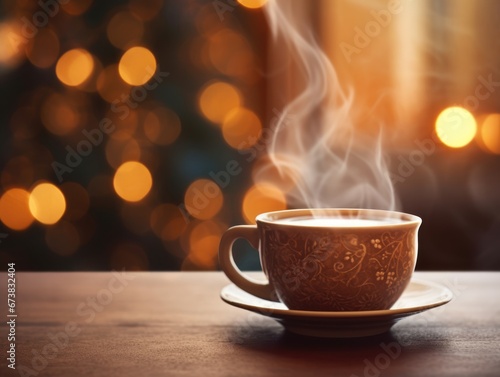 Close-up view of a cup of hot coffee on wood table at home with Christmas tree background bokeh in winter. Winter seasonal concept.