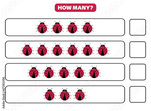 How many ladybug or ladybird are there? Educational worksheet design for children. Counting game for kids.