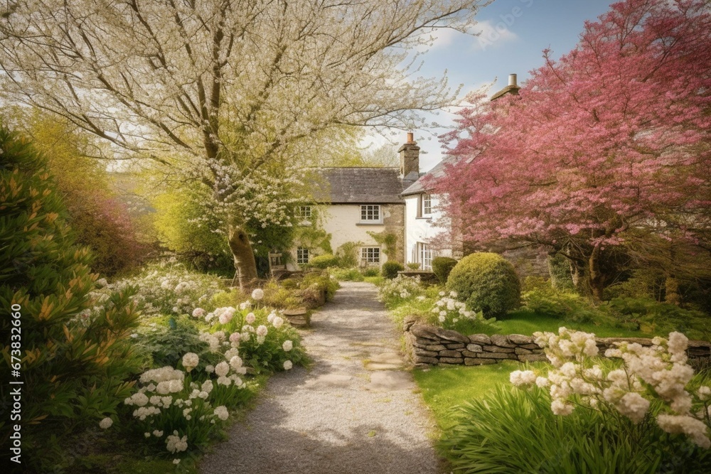 Lush spring garden with blooming trees in Wales. Generative AI