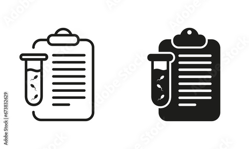 Semen Analysis, Laboratory Research Symbol Collection. Sperm Medical Analysis for Paternity, Infertility Line and Silhouette Black Icon Set. Sperm Test Result Pictogram. Isolated Vector Illustration