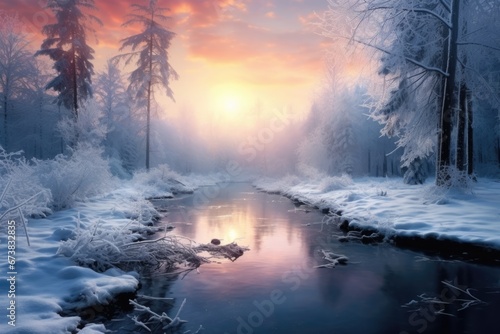 Beautiful creek in Winter forest with snow. Winter seasonal concept.