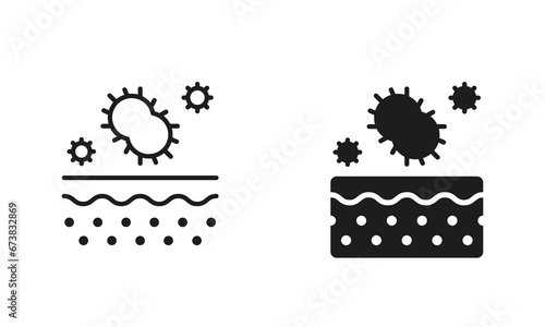 Skin Layer with Microbes Flora Symbol Collection. Bacteria on Skin Pictogram. Microorganisms on Dermis Structure Line and Silhouette Black Icon Set. Isolated Vector Illustration