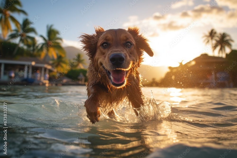 Cute dog swim in water at sunset.