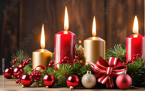 Christmas Card with Advent candles with fir branch and decoration