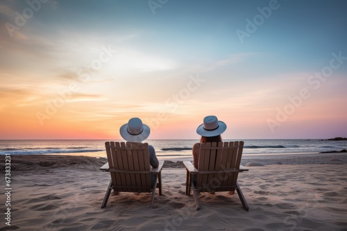 A young couple sitting on beach chair and enjoy beach life at sunset. Summer tropical vacation concept.